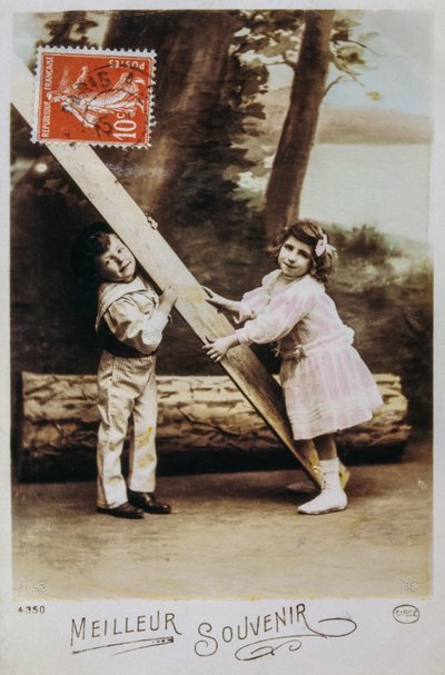 French Postcard Showing a Young Boy and Girl Playing by Unknown artist