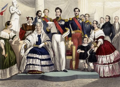 From 1830 to 1848. Princess Marie, Marie Amélie, Louis Philippe 1st, the Count of Paris, The Duke of Chartres and Princess Hélène. Engraving of the 19th Century by Unknown artist