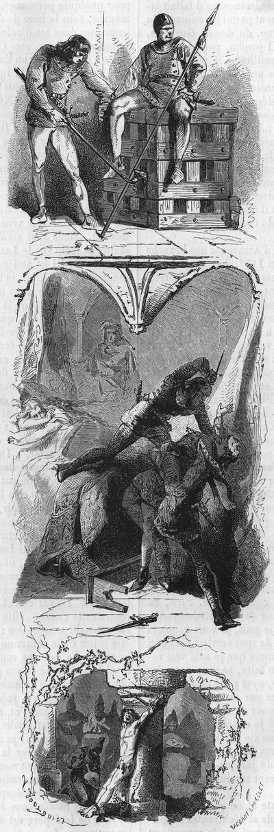 The Duke of Alençon in an Iron Cage, The Count of Armagnac Punching Under the Eyes of His Wife, and The Duke of Nemours Torture. Engraving of the 19th Century by Unknown artist