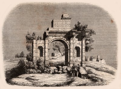 Front view of the Roman arch of Djemilah in Algeria: two French soldiers posing in front of the ruins by Unknown