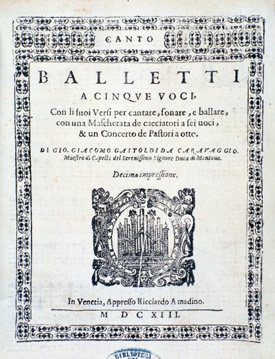 Frontispiece of Balletti for five voices by Giovanni Giacomo Gastoldi by Unknown artist