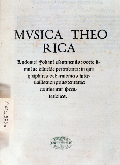 Frontispiece of Musica Theorica by Ludovico Foliani (engraving) by Unknown artist