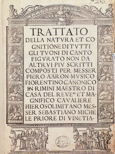 Frontispiece of Trattato della natura e Cognizione di tutti gli duoni di canto figurato by Pietro Aron by Unknown artist