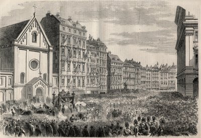 Funeral of Emperor Maximilian I of Mexico: arrival of the funeral cortege in front of the Capuchins Church of Vienna. Engraving in 