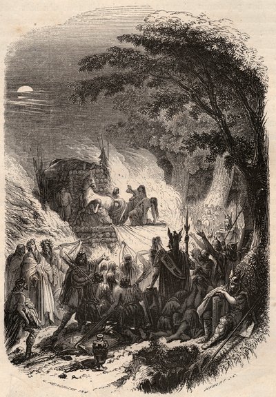 Funeral of a chief Germain in Antiquity: his body is burned with his weapons and his horse. Engraving from 1868 in 