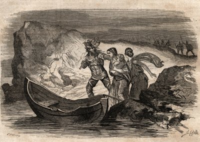 Gallic Wars, 58-51 BC. Roman victory over the German tribes under Ariovistus - Ariovistus forced to recross the Rhine - engraving in 