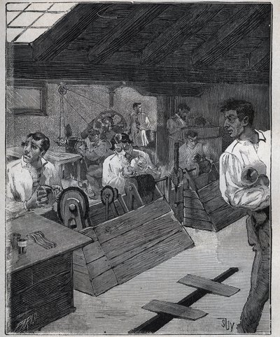 Galvanic gilding: scraper-boessage of gold jewels with a scraper-boesse. Engraving from 1885 in 