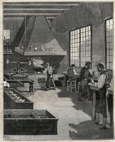Galvanic goldsmith: preparation of molds. Engraving from 1885 in 