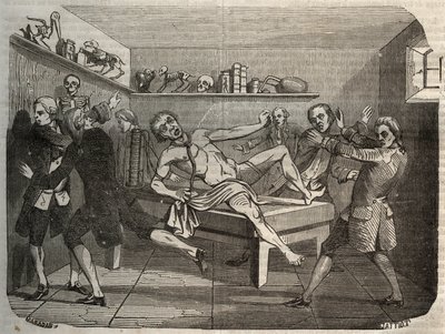 Galvanization of the corpse of a hangman with the pile of Alessandro Volta: under the influence of electricity, the corpse seems to come back to life. Engraving from 1856 in Le Musee Des Sciences by Unknown artist