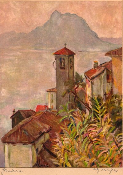 Gandria, Switzerland, with Mount San Salvatore and Lake Lugano, postcard by Fritz Meijer, c.1940 by Unknown artist