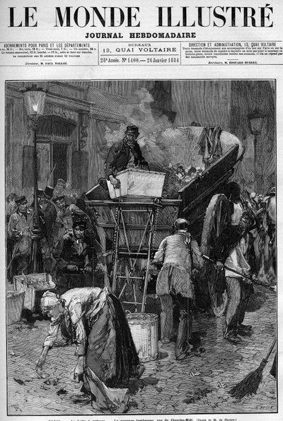 Garbage box, the new truck rue du Cherche Midi in Paris. Men and women picking up waste on a street in Paris to put it in a cart, thus cleaning up life by Unknown artist