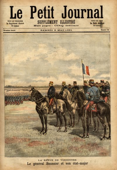 General Felix Gustave (Felix-Gustave) Saussier (1828-1905) and his staff reviewed the troops at Vincennes. Engraving in 