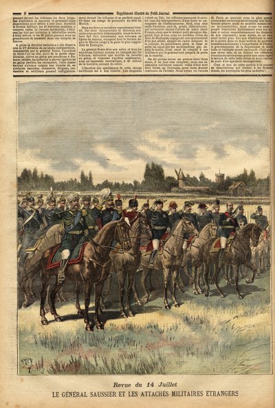General Felix Gustave Saussier, military governor of Paris since 1884, surrounded foreign military ties, reviewed the troops during the dequeue on 14 July 1891 in the plain of the Bois de Boulogne. Engraving in 