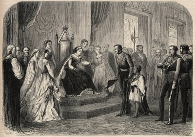 General Robert Cornelis Napier introduced Leul Alemayehou Tewodros, the son of Ethiopian negus Theodoros II, to Queen Victoria. Engraving in 