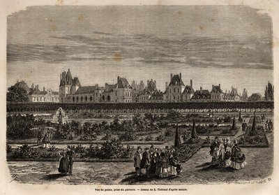General view of the palace and gardens of Fontainebleau, taken from the floor. Engraving to illustrate a description of the castle and forest of Fontainebleau, in 1867, by M.Pays, in Le tour du monde, nouveau journal des voyages published under the direc by Unknown artist