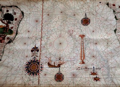 Geography: detail of a navigation map of Luis Lazare representing the islands of the Tristan da Cunha archipelago and the caravel of the explorer of the same name, off the coast of South Africa by Unknown artist