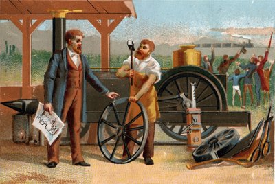 George Stephenson (1781-1848) represented with one of his inventions: the locomotive. Late chromolithography of the 19th century by Unknown artist