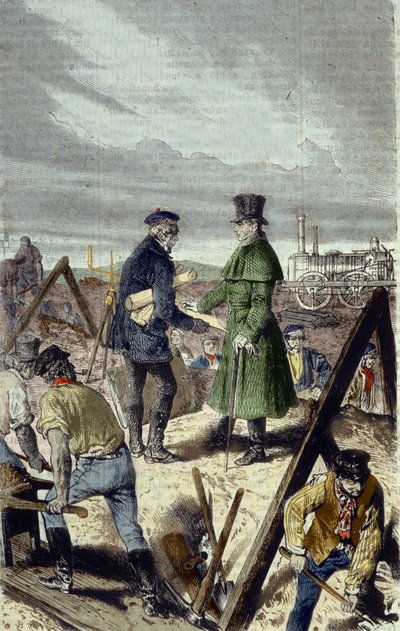Georges Stephenson, English engineer, builder of the Liverpool Manchester Road with his first locomotive by Unknown artist
