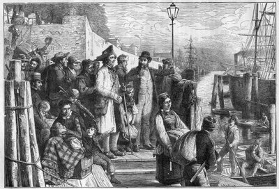 German emigrants for New York embarking on Hamburg steamer in 1874 - engraving by Unknown artist