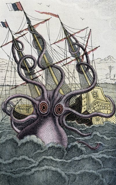 Giant octopus (Kraken) attacking a ship by Unknown artist