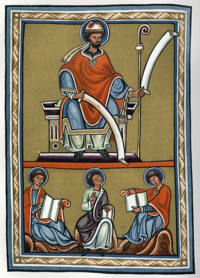 Gilbert de la Porree (Porretanus, scholastic theologian) and his disciples, Jourdain Fantosme, Yves de Chartres and Jean Beleth. 19th century facsimile of a 12th century miniature in “Commentary on the De Trinitate de Boece” (Boezio). Private collection by Unknown artist