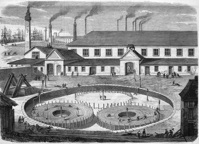 Glass Eiliot electric cable factory in Greenwich. Winding the cable in the basins before transport on the ship 