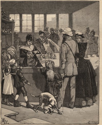 Glass art: tourists buying a pearl blown in a glass factory in Venice, Italy. Engraving from 1885 in 