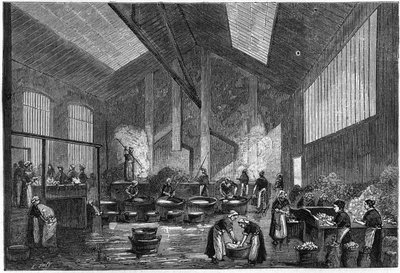 Glass sorting workshop, rue de Crimee in Paris. Engraving in 