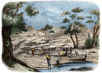 Gold Rush in Australia: prospectors in the gold fields of Bendigo. Engraving from 1856 in 