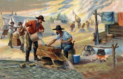 Gold Seeker: Method of Washing Native Gold that is Separated from Stones and Sand. Chromolithography of the Late 19th Century by Unknown artist