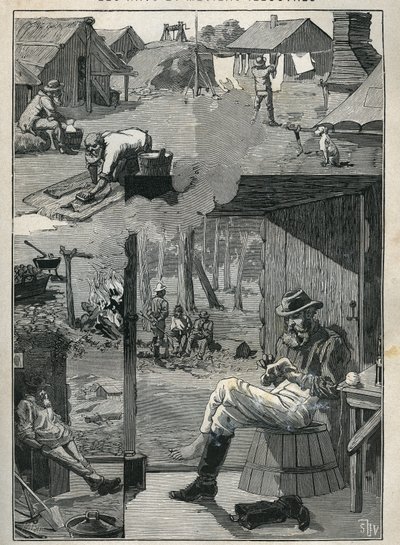 Gold seekers in Australia: daily life of miners during their rest days (cleaning and drying of linen, socks, etc.). Engraving from 1885 in 