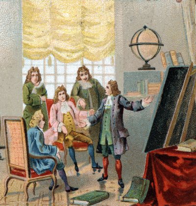Gottfried Wilhelm Leibniz, German philosopher and mathematician; demonstrating his theories on differential calculation. Chromolithography, late 19th century by Unknown artist