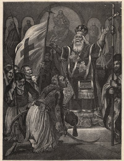 Greek War of Independence 1821 - 1829: bishop Germanos III of Old Patras blessing the flag of the fight for freedom, Agia Lavra monastery, 21th March 1821 - engraving after painting by Unknown artist