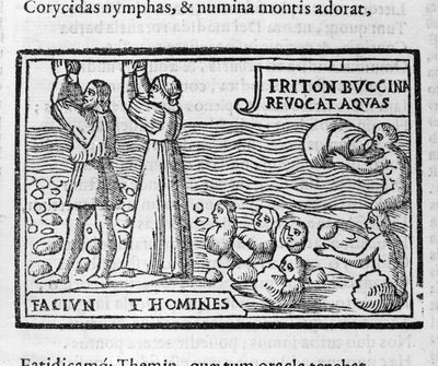 Greek mythology: Deucalion and Pyrrha throwing stones that give birth to human beings after the deluge to populate the Earth. 16th-century xylography by Unknown artist
