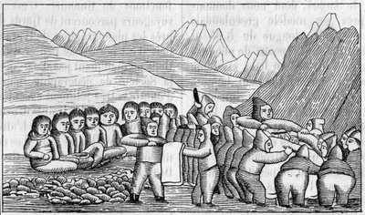 Greenland Exhibition at the Geography Society, Paris: Facsimile of a grave drawing by Eskimos. Engraving in 