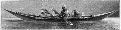 Greenland Exhibition at the Geography Society, Paris: Model of a kayak made by Eskimos. Engraving in 