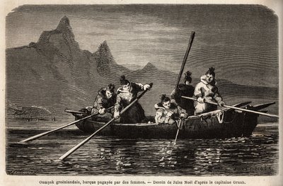 Greenland Umyak, type of boat operated by women. Engraving to illustrate the voyage to the free sea of the Arctic pole, by Doctor Hayes, surgeon of the United States Navy, in 1860-1862, published in Le tour du monde, nouveau journal des voyages, edited by by Unknown artist