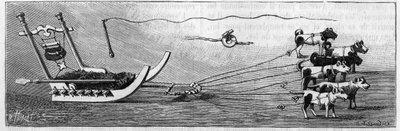 Greenland exhibition at the Geography Society, Paris: sleigh model manufactured by Eskimos. Engraving in La Nature: revue des sciences et de leurs applications aux arts et a l