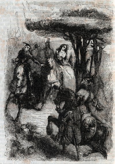 Griffon meets Origille - engraving of 1851 from Furious Roland (Orlando furioso) (16th century) by Ludovico Ariosto, known as the Ariosta - Edition translated from Italian by the Count of Tressan and published by Gustave Harvard 1851 by Unknown artist