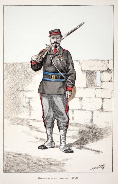 Guardians of the Peace mobilizes. Eau forte en couleurs, for illustration History of the corps des gardiens de la paix book published under the auspices of Louis Lepine, by Alfred Rey and Louis. by Unknown artist