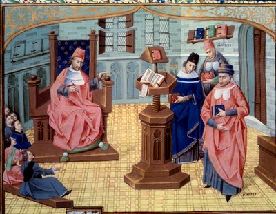 Guy from Chirugian Chauliac teacher. On his right, 6 listeners and on his left 3 characters summarizing the history of medicine: Claude Galien, Abu Ali al-Husayn ibn 