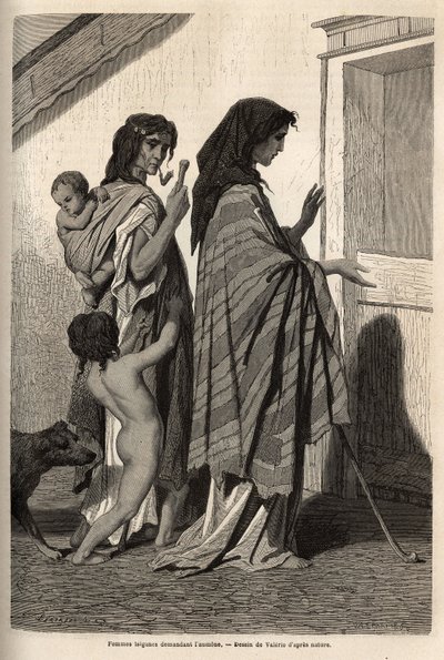 Gypsy women and children, in rags or half naked, asking for door-to-door almone in Essek (Danube basin). Engraving to illustrate the memories of travel among the southern Slavs, by Georges Perrot, in 1868, published in Le tour du monde 1870-1871, edited by by Unknown artist