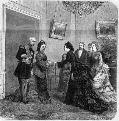 Handshake between Elisabeth de Mac Mahon (1834-1900) and the Austrian Empress Elisabeth de Wittelsbach (1837-1898) (Sissi) during the visit of the President of the French Republic Patrice de Mac-Mahon (1808-1893) to Austria. 1875. Engraving in "The Univers by Unknown artist