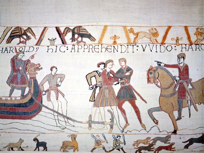 Harold II landed in Normandy where he was captured by William I the Conqueror. Bayeux tapestry, known as Embroidery of Queen Mathilde. by Unknown artist