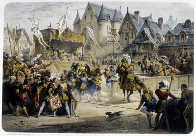 Henri II (1519 - 1559) Fatally Wounded by Montgomery During the Tournament of 29 June 1559, Rue St Antoine, in Front of the Palais des Tournelles - Lithography by Unknown artist