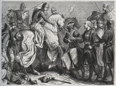 Henry III (Henry III Plantagenet of England) (1207-1272) is captured by Simon V of Montfort (ca. 1208-1265) at Lewes in Sussex 1264 - engraving 1864 by Unknown artist