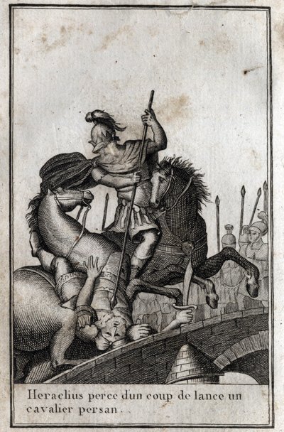 Heraclius I (Flavius Heraclius, Herakleios (circa 575-610/641), Byzantine emperor, spears a Persian horseman (war against the Persians), 7th century. Engraving in Beaute de l