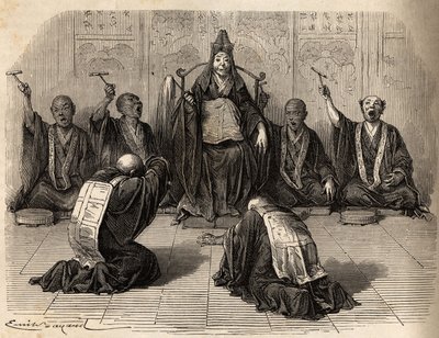 High Buddhist priest being adored, surrounded by his disciples rhythming the ritual with gong and cymbals. Engraving to illustrate the voyage to Japan in 1863-1864, by Aime Humbert, minister of the Swiss Confederation, in Le tour du monde, nouveau journal by Unknown artist