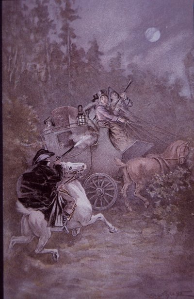 Highwayman holds up stagecoach in the early 19th century by Unknown artist