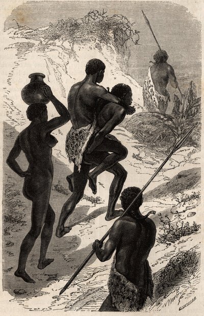 His majesty Katchiba on a journey, leader of the Obbos tribe (tribe of the White Nile region), on the back of one of his subjects and always accompanied by two others so that they serve alternately as a guide and a mount, a woman accompanies them who wears by Unknown artist